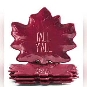 Rae Dunn Leaf-Shaped Fall Y'all Plates - Burgundy 4 Piece